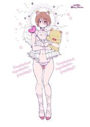 1boy angel_wings babydoll ballet_boots bear_ears brown_hair chastity chastity_cage crotchless crotchless_babydoll english_text femboy furry_ears lingerie nagano_rira nipples simple_background tagme teddy_bear text trap white_babydoll