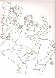 2girls alien alien_girl arcee ass ass_up blackarachnia boobs breasts butt covered_nipples covering_breasts curvaceous curves curvy curvy_body curvy_female curvy_figure curvy_hips female female_only grabbing_own_breast high_heels machine naked nude nude_female robot robot_girl tits transformers transformers_animated