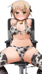 absurdres animal_ears animal_print baaad_sima bell blonde_hair blush bodypaint breasts breasts_apart chair closed_mouth collar cow_ears cow_horns cow_print cow_tail eyebrows_visible_through_hair fake_horns fake_tail female highres horns ichii_yui large_breasts medium_breasts navel neck_bell nipples nude on_chair painted_clothes shiny shiny_hair simple_background sitting solo spread_legs sweat tail thighhighs twintails white_background yellow_eyes yuyushiki