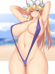 1girls areola_slip armpits beach female large_breasts leotard mokkori9 sling_bikini tagme touhou yukari_yakumo