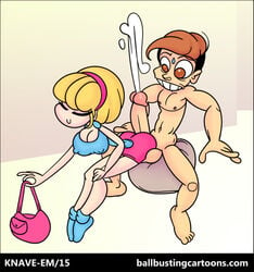 1boy 1girls ballbusting blonde_hair buttjob buttjob_over_clothes clothed_female_nude_male cumshot handbag hot_dogging knave naked_male socks uncensored