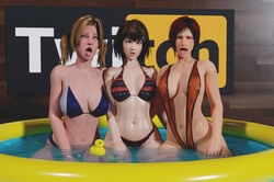 3d 3girls ahe_gao batesz bikini black_hair blonde_hair blue_eyes brown_eyes brown_hair dead_or_alive dead_or_alive_xtreme_venus_vacation femsub hairclip harem hazel_eyes huge_breasts kiddie_pool kneeling kneeling_in_water large_breasts looking_at_viewer mila_(doa) multicolored_hair open_mouth pool red_hair rubber_duck short_hair sling_bikini submissive_female tina_armstrong tongue_out tsukushi_(doa) twintails