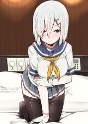 10s absurdres bed breasts female gloves green_eyes hair_ornament hairclip hamakaze_(kantai_collection) highres kantai_collection large_breasts mitsudoue on_bed pantyhose pantyhose_pull school_uniform serafuku short_hair skirt white_gloves white_hair