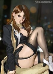 1girls ass big_breasts blazer bra breasts business_suit business_woman cleavage clothed clothing earrings female female_only garter_belt gyakuten_saiban lingerie lipstick long_hair looking_at_viewer makeup mia_fey momotdart naked nintendo office_lady sitting smile solo solo_female stockings tagme underwear