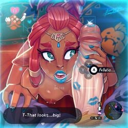 1boy 1boy1girl 1girls big_penis blue_lipstick blue_nails breath_of_the_wild camera_rune cock_worship dark-skinned_female dark_skin dialogue english_text female gameplay_mechanics gerudo heart-shaped_pupils hud huge_cock interracial large_penis light-skinned_male light_skin link link_(breath_of_the_wild) lips lipstick lipstick_mark lipstick_on_penis lipstick_ring male minimap nail_polish nintendo nipple_piercing panteon013 partial_male penis penis_awe penis_grab penis_on_face piercing pointy_ears riju runny_nose saliva saliva_on_penis saliva_trail sand_seal_logo sheikah_slate straight text the_legend_of_zelda