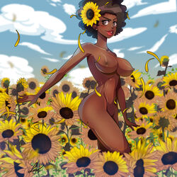 1girls afro big_ass big_breasts big_butt blush brown_eyes brown_hair dark-skinned_female dark_skin female female_only large_breasts lufidelis naked nude original original_character pussy solo sunflower toned voluptuous