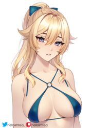 artist_name artist_signature bangs bikini blonde_hair blue blue_eyes blush bow breasts clavicle female genshin_impact hair hair_between_eyes hairbow halter halterneck helloimtea jean_gunnhildr long_hair looking_at_viewer o-ring parted_lips ponytail sidelocks simple_background solo swimsuit swimwear