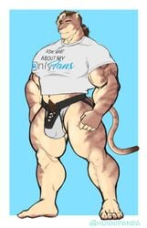 2021 anthro bara_tits big_chest big_pecs big_pectorals blonde_hair brown_body brown_fur brown_hair bulge chest clothed clothing felid feline fur genital_outline genitals hair hi_res humanoid hunnipanda male male_only mammal multicolored_body multicolored_fur multicolored_hair muscles muscular muscular_anthro muscular_arms muscular_humanoid muscular_legs muscular_male navel onlyfans pecs pectorals penis penis_outline plantigrade pubes shirt simple_background skimpy solo standing stripes t-shirt tan_body tan_fur tied_hair topwear two_tone_hair