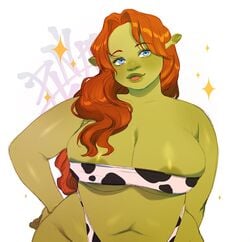 2d areola_slip bandeau bbw belly belly_button blue_eyes blush bra breasts chubby chubby_female cleavage cow_bikini cow_print dreamworks female female_only freckles ginger green-skinned_female green_skin hair_down hand_on_hip head_tilt large_breasts lips long_hair middle_part midriff nosugargummygi1 ogre ogress_fiona panties pose posing princess_fiona princess_fiona_(ogre) red_hair shrek_(series) slightly_chubby sparkles thong tongue_out underboob voluptuous watermark white_background