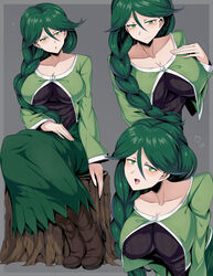 1girls alternate_breast_size big_breasts boots braid braided_hair breasts cheryl_(pokemon) colored dark_green_hair female female_only game_freak green_dress green_eyes green_eyes_female green_hair green_hair_female heart horny huge_breasts large_breasts long_green_hair long_hair long_pigtail long_sleeves looking_at_viewer nintendo not_porn npc_trainer open_mouth_smile oppai pixiv pokemon pokemon_dppt smile solo suzusiigasuki tired tired_eyes tree_stump