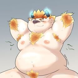 anthro armpit_hair babe_bunyan belly blonde_hair blush body_hair bovid bovine chest_hair fupa fur hair hi_res horn male mammal navel nude overweight pubes qqmelon888 solo tokyo_afterschool_summoners video_games white_body white_fur