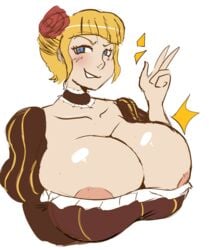 07th_expansion 1girls alternate_breast_size beatrice_(umineko) big_breasts cleavage dress female female_focus female_only huge_breasts igdel massive_breasts nipple_slip nipples peace_sign umineko_no_naku_koro_ni