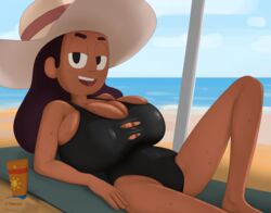 1girls alternate_breast_size barefoot beach breasts cartoon_network connie_maheswaran dark-skinned_female dark_skin female female_only hat huge_breasts indian long_hair massive_breasts one-piece_swimsuit solo solo_female spakka5 steven_universe swimsuit