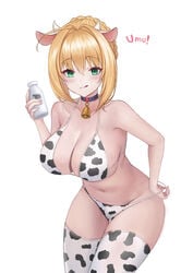 2021 :q big_breasts bikini bikini_bottom bikini_bottom_pull bikini_top blonde_hair bottle_of_milk cleavage collar collarbone cow_bikini cow_print cow_print_thighhighs cowbell eyebrows_visible_through_hair eyelashes fate/extra fate/grand_order fate_(series) green_eyes holding holding_object legwear milk_bottle nero_claudius_(fate) oshu1018 short_hair simple_background tongue tongue_out white_background