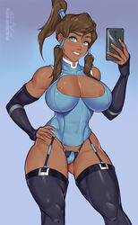 1girls abs alternate_breast_size ange1witch areola_slip armwear ass_visible_through_thighs avatar_legends big_breasts black_armwear black_stockings blue_eyes blue_garter_straps blue_thong breast_cutout breasts brown_hair clothing dark-skinned_female dark_skin female female_only hand_on_hip huge_breasts korra large_breasts muscular_thighs nickelodeon panties ponytail selfie simple_background smile solo solo_female stockings the_avatar the_legend_of_korra thighhighs thong tight_clothing toned toned_female water_tribe