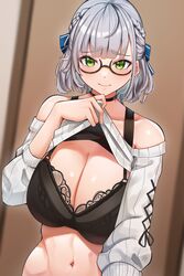 2021 bare_shoulders belly black_bra black_choker blurry_background bra breasts choker cleavage closed_mouth cromwellb embarrassed eyebrows_visible_through_hair female female_focus female_only glasses green_eyes hair_ribbon hololive hololive_fantasy hololive_japan lace-trimmed_bra lifted lifted_by_self lifted_top looking_at_viewer mouth_closed navel open_topwear presenting shirogane_noel shirt_lift silver_hair simple_background solo solo_female solo_focus stomach sweater_lift sweater_vest topwear upper_body virtual_youtuber