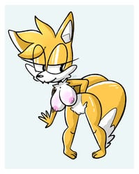 2_tails 4_fingers anthro big_breasts blonde_hair breasts canid canine fangs female fingers fox fur hair hi_res humanoid mammal multi_tail nipples nude rule_63 seductive simple_background smile solo sonic_(series) sonic_the_hedgehog_(series) tagme tails tailsko toony white_body white_fur wolito