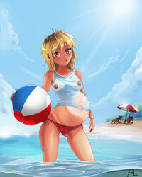 1girls areolae beach beach_ball big_breasts bikini_bottom blonde_hair breasts dark_areola dark_nipples female female_only huge_belly joethestone large_breasts linea_nigra looking_at_viewer nipples pregnant ready_to_pop solo tank_top tanned_skin wet_clothes