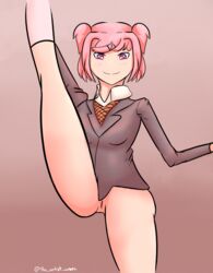 arm_up artist_name ass bangs blazer blush bottomless breasts closed_mouth cowboy_shot doki_doki_literature_club female female_focus grey_jacket hair_ornament hairclip heart heart-shaped_pupils highres jacket kneehighs leg_lift leg_up legs legwear looking_at_viewer natsuki_(doki_doki_literature_club) no_panties orange_vest pink_eyes pink_hair pussy school_uniform short_hair short_twintails simple_background small_breasts smile solo standing symbol-shaped_pupils theartistaurora thighs twintails twitter_username vest white_legwear wing_collar