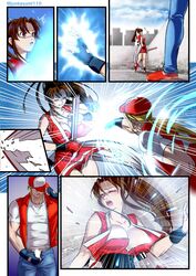 1girls aroused bare_legs belt bottomless breasts brown_hair censored fatal_fury highres japanese japanese_clothes k.o. kasumi_jun kimono king_of_fighters large_breasts mai_shiranui open_mouth outdoors panties ponytail red_clothes snk straddling straight sweat terry_bogard thighs underwear unzipped walking