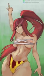 1girls alternate_eye_color arm_tattoo bandages big_breasts bikini_bottom curvy_figure erza_scarlet exposed_breasts exposed_nipple fairy_tail female female_only highleg highleg_bikini inverted_nipples long_fingernails long_hair nail_polish nipples one_arm_up parted_hair partially_clothed pointing pointing_up ponytail professor_lecherous red_hair smile swimsuit tattoo text thick_thighs tied_hair topless url web_address wide_hips