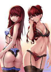 2girls ass black_legwear black_thighhighs blue_bra blue_panties blush bra breasts cleavage clothing collarbone excaliblader eyebrows_visible_through_hair female female_only frilled_bra frills garter_belt highres holding kasumi_yoshizawa legs_together lingerie long_hair looking_at_viewer matching_underwear medium_breasts megami_tensei navel panties persona persona_5 persona_5_royal ponytail red_bra red_eyes red_hair red_panties simple_background standing sumire_yoshizawa thighhighs thighs twitter_username underwear underwear_only wide_hips