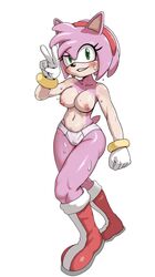 amy_rose anthro black_nose boots cm4 eulipotyphlan eyelashes gloves green_eyes hedgehog navel nipples panties pink_body pink_hair small_tail sonic_(series) standing sweat tan_body topless underwear v_sign