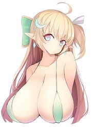 big_breasts bikini bikini_top blonde_hair blue_eyes cleavage elf elf_ears epic7 female hair_ornament huge_breasts long_hair looking_at_viewer ninacci pigat pointy_ears silk_(epic_seven)