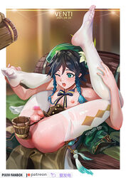 1boy 1other anal anal_object_insertion androgynous anus argyle argyle_legwear bangs beer_mug beret black_hair blue_hair blurry blurry_background bow braid cape censored character_name clothes_removed commentary_request corset cup dated english_text feathers flower gay genshin_impact gradient_hair green_eyes green_headwear green_shorts hat hat_flower holding holding_cup leaf lying male_focus mosaic_censoring mug multicolored_hair nipples no_shoes object_insertion on_back one_eye_closed open_mouth pantyhose penis saliva short_hair_with_long_locks shorts solo_focus spread_legs steamed_egg testicles tongue tongue_out torn_clothes torn_legwear trap twin_braids venti_(genshin_impact) vision_(genshin_impact) white_flower white_legwear yaoi