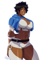 1girls alternate_version_available arms_behind_back artist_signature bare_midriff belt big_breasts black_clover black_hair blue_rose_uniform breasts chaps cleavage crop_top cropped_legs female female_only hood looking_at_viewer nipples short_hair shorts smiling sol_marron standing tagme thighs tovio_rogers very_short_hair white_background