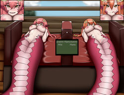 apode belly big_breasts blush breasts chalkboard draconcopode duo female female_only genitals hair hi_res humanoid imminent_sex lamia legless long_hair lying miia's_mother_(monster_musume) miia_(monster_musume) monster_girl monster_girl_(genre) monster_musume monster_musume_no_iru_nichijou mother_and_daughter navel nervous nipples on_back pussy reptile scalie serpentine snake split_form under_boob zidero