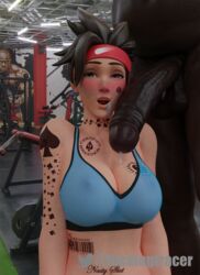 1boy 1girls 3d big_penis blizzard_entertainment blush bra breasts cleavage cum cum_in_mouth dark-skinned_male dark_skin female fuckingtracer gym headband huge_cock humiliating_tattoo interracial male overwatch penis queen_of_spades raceplay spade straight sweat tattoo testicles tracer track_and_field_tracer