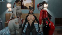 16:9 3d 3d_(artwork) 3girls apex_legends ass batman:_arkham_city batman:_arkham_knight batman_(series) bed blender blue_eyes bodysuit breasts brown_eyes catsuit catwoman catwoman_(arkham) catwoman_(arkham_city) clothed crossover darkbahamuth dc dc_comics earrings exposed_breasts facial_markings female female_only fingerless_gloves from_behind gloves green_eyes hand_on_own_ass harley_quinn harley_quinn_(arkham) harley_quinn_(arkham_knight) harley_quinn_(classic) indoors lamp loba_(apex_legends) long_sleeves looking_back multiple_girls nail_polish nipples painting_(object) patreon_username sitting sitting_on_bed standing teasing twitter_logo twitter_username unzipped unzipped_bodysuit