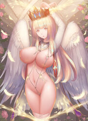 1girls angel angel_wings arms_behind_head blonde_hair cape cleavage crown feathered_wings female flower large_breasts long_hair looking_at_viewer navel original red_eyes revealing_clothes riinnmo rinmmo sling_bikini solo standing sweat white_wings wings