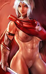 1girls abs axe battle_axe beauty_mark breasts cape casual_nudity colored_pubic_hair dagr_(fire_emblem) female fire_emblem fire_emblem_heroes gauntlets headpiece large_breasts light_blue_hair mrkg_(arsfatuus) muscular muscular_female naked_cape navel nintendo nipples nude nude_female pubic_hair red_cape silver_eyes smile weapon