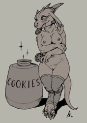 2021 anthro blush breasts claws clothing cookie cookie_jar crestfallenartist facial_piercing female food genitals hi_res horn kobold legwear nipples non-mammal_breasts nose_piercing nose_ring nude piercing pussy scalie solo stockings