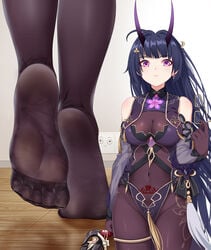 1girls absurdres ahoge bangs bare_shoulders black_gloves black_hair bodystocking breasts cang_se_ye_hua covered_navel earrings eyebrows_visible_through_hair eyewear_removed feet female foot_fetish foot_focus glasses gloves hair_ornament highres holding holding_eyewear honkai_(series) honkai_impact_3rd horns jewelry large_breasts long_hair looking_at_viewer no_shoes oni_horns pubic_tattoo purple_eyes raiden_mei raiden_mei_(herrscher_of_thunder) single_earring soles solo solo_female tattoo toes very_long_hair