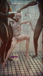 1girls 2boys 3d albertohan big_penis cum cum_in_pussy cum_on_body dark-skinned_male dark_skin dildo female hair_pull interracial male pink_hair queen_of_spades spade tattoo urial