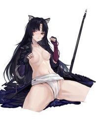 animal_ear_fluff animal_ears architecture arknights black_hair blush breasts female fundoshi japanese_clothes medium_breasts muscular navel nipples open_clothes partially_visible_vulva saga_(arknights) sawkm simple_background spread_legs white_background