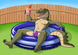 1boy 5_fingers anthro beverage biped blue_sky bulge claws clothing craig_mires crocodile crocodilian crocodylid drink_umbrella fence fingers genital_outline grass green_body green_eyes green_scales green_skin hi_res looking_at_viewer lounging male male_only navel nipples open_mouth penis_outline penny_prickles pink_lemonade plant plantigrade pupils reptile saltwater_crocodile scales scalie scutes sky slit_pupils solo speedo swimming_pool swimwear tan_body tan_scales tan_skin teeth_showing water