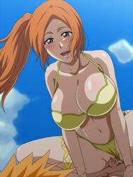 1girls big_breasts bikini bleach clothed_female_nude_male cowgirl_position female ichigo_kurosaki inoue_orihime kh-fullhouse male mostly_clothed orange_hair ponytail shounen_jump vaginal_penetration