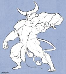 abs action_pose anthro ass balls barazoku biceps big_penis bodily_fluids bovid bovine cattle cum dripping feet foreskin genital_fluids genitals hi_res horn huge_cock huge_nipples looking_at_viewer male mammal muscular muscular_anthro muscular_male navel nipples obliques papyreit pecs penis pose precum precum_drip precum_string saggy_balls smile smirk solo tail_tuft tuft uncut