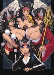 5girls aizetsu avian_humanoid big_breasts black_hair blue_eyes blue_sclera claws cleavage demon demon_girl demon_slayer fangs female female_only genderswap_(mtf) green_eyes green_sclera hantengu horns huge_breasts japanese_clothes karaku kimetsu_no_yaiba looking_at_viewer messy_hair multiple_girls multiple_persona pointy_ears red_eyes red_sclera rule_63 sekido smile tan_skin tengu tongue_out umaidkzkwk urogi veins wings yellow_eyes yellow_sclera youkai