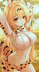 :3 animal_ear_fluff animal_ears animal_print armpits arms_up bbeedol blonde_hair breasts brown_eyes crop_top detached_sleeves female kemono_friends large_breasts looking_at_viewer micro_shorts midriff navel serval_(kemono_friends) short_shorts shorts smile solo tail thin_waist