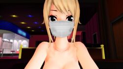 1boy1girl 3d animated ayano_aishi black_eyes blonde_hair breasts cowgirl_position creampie cum_inside dyed_hair face_mask implied_cum_inside mikumikudance mmd music sex small_breasts sound teenager umeji_kizuguchi video yandere-chan yandere_simulator