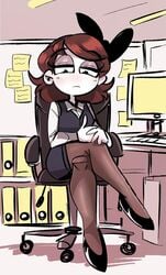 big_legs brown_hair business_woman crossed_legs cubicle derpette derpina inside legs_crossed meme office office_chair office_lady peargor rage_comics sassy step_pose stockings suit thighs worker