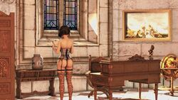 3d ass bare_shoulders bioshock bioshock_infinite book brown_hair busty corset elizabeth_comstock g-string garter_belt hourglass_figure lingerie nudity reading rear_view short_hair standing stockings tagme undominus wide_hips