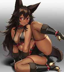 1girls bangs big_breasts breasts brown_hair cameltoe cerberus_(houtengeki) cleavage female female_only furry_ears furry_tail houtengeki large_breasts panties pink_eyes solo spread_legs