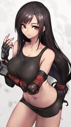 arm_under_breasts armored_gloves black_gloves black_hair boyshorts bra brown_eyes closed_mouth cowboy_shot earrings elbow_gloves eyeshadow female final_fantasy final_fantasy_vii gloves jewelry long_hair looking_at_viewer low-tied_long_hair makeup navel oopartz_yang smile solo sports_bra tied_hair tifa_lockhart underwear underwear_only very_long_hair