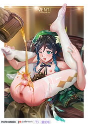 1boy 1other alcohol androgynous anus argyle argyle_legwear bangs beer beer_mug beret black_hair blue_hair blurry blurry_background bow braid cape censored character_name clothes_removed commentary_request corset cup dated english_text feathers flower genshin_impact gradient_hair green_eyes green_headwear green_shorts hat hat_flower holding holding_cup leaf lying male_focus mosaic_censoring mug multicolored_hair nipples no_shoes on_back one_eye_closed open_mouth pantyhose penis pouring_onto_penis saliva short_hair_with_long_locks shorts solo_focus spread_legs steamed_egg testicles tongue tongue_out torn_clothes torn_legwear trap twin_braids venti_(genshin_impact) vision_(genshin_impact) white_flower white_legwear